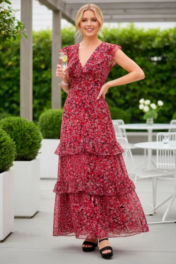 Vestido de Fiesta Largo Rojo en Yoryu Estampado