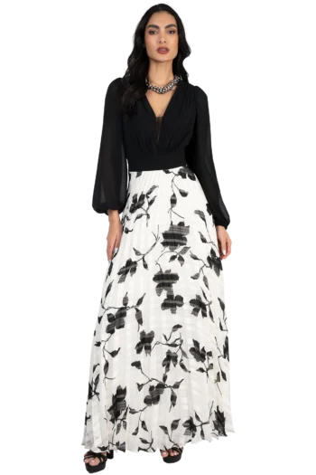 Vestido Largo de Fiesta en Chiffon Estampado Corte Plisado Solei para Boda en Jardín