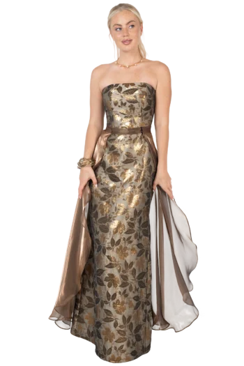 Vestido de Gala Falda Sirena en Jackard y Sobrefalda de Organza Iris