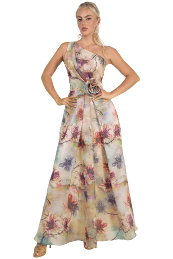 Vestido de Fiesta en Organza Estampada de Un Hombro