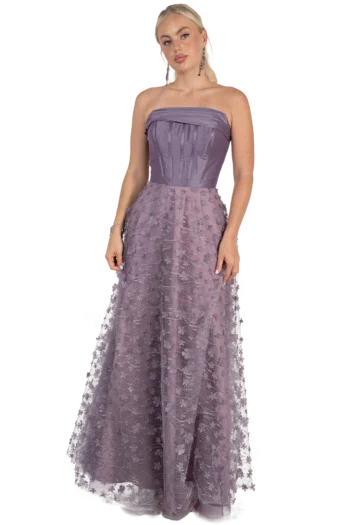 Vestido de Graduación Malva Largo en Tull 3D y Tafeta Stretch