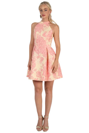 Vestido Corto Graduación en Jacquard con Cuello Halter y Bolsas