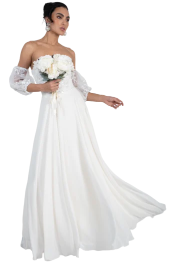 Vestido de Novia en Tull Escote Strapless con Mangas Desmontables