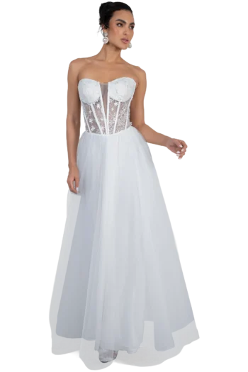 Vestido de Novia Blanco Strapless Tipo Corset con Bordado