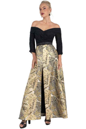 Vestido de Gala Largo Brocado Dorado Off Shoulder