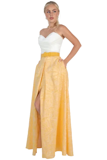 Vestido de Gala Amarillo Largo Strapless en Jacquard y Tafeta Stretch
