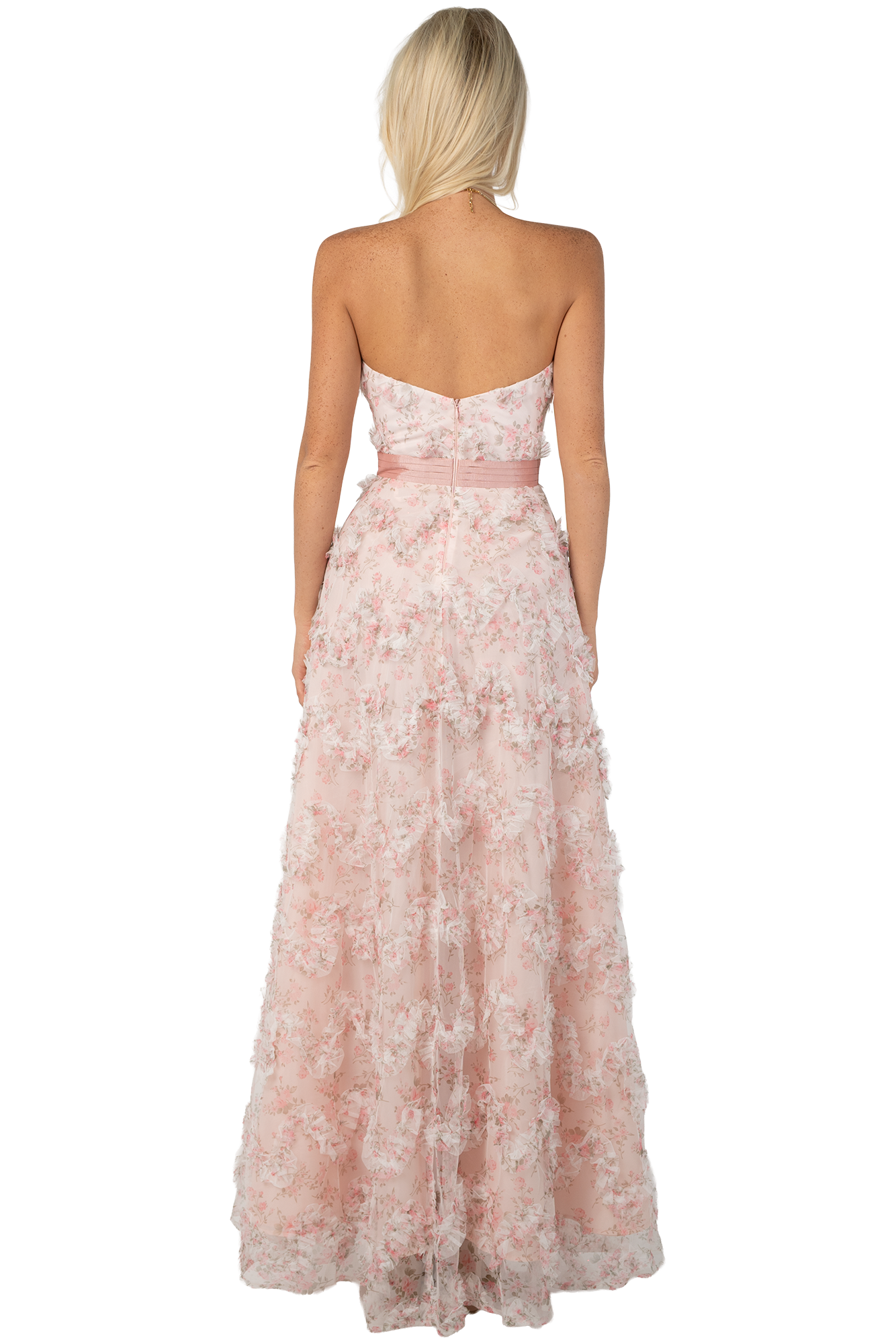 Vestido de Fiesta Largo Rosa en Tull Estampado Floral Strapless - Image 4