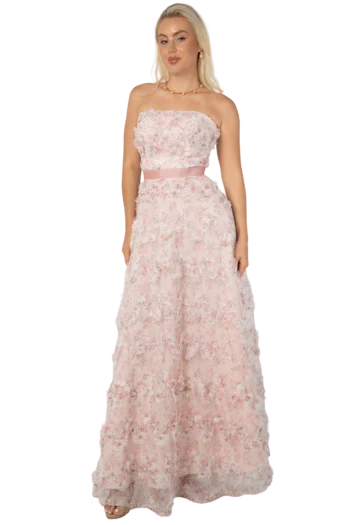Vestido de Fiesta Largo Rosa en Tull Estampado Floral Strapless