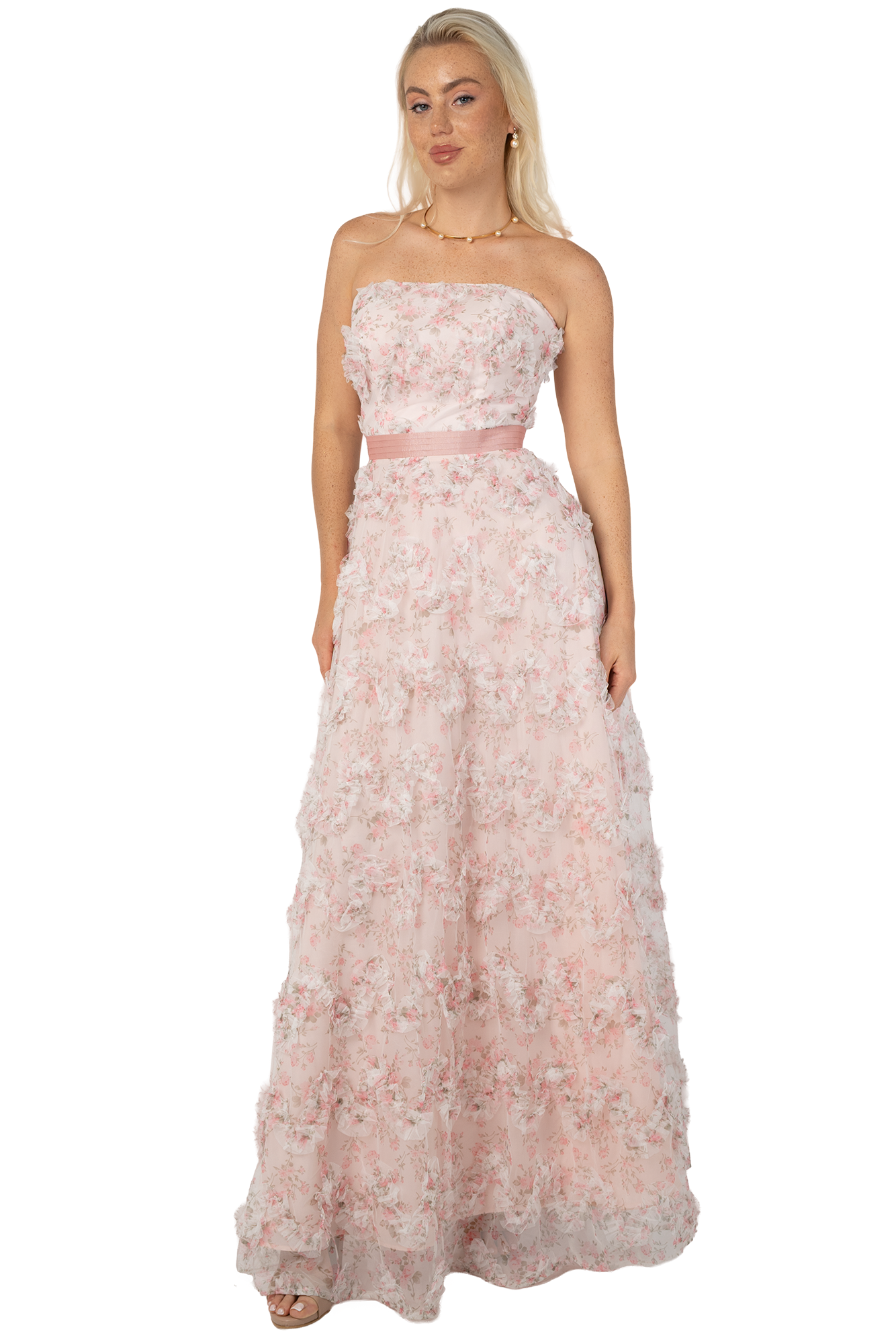 Vestido de Fiesta Largo Rosa en Tull Estampado Floral Strapless