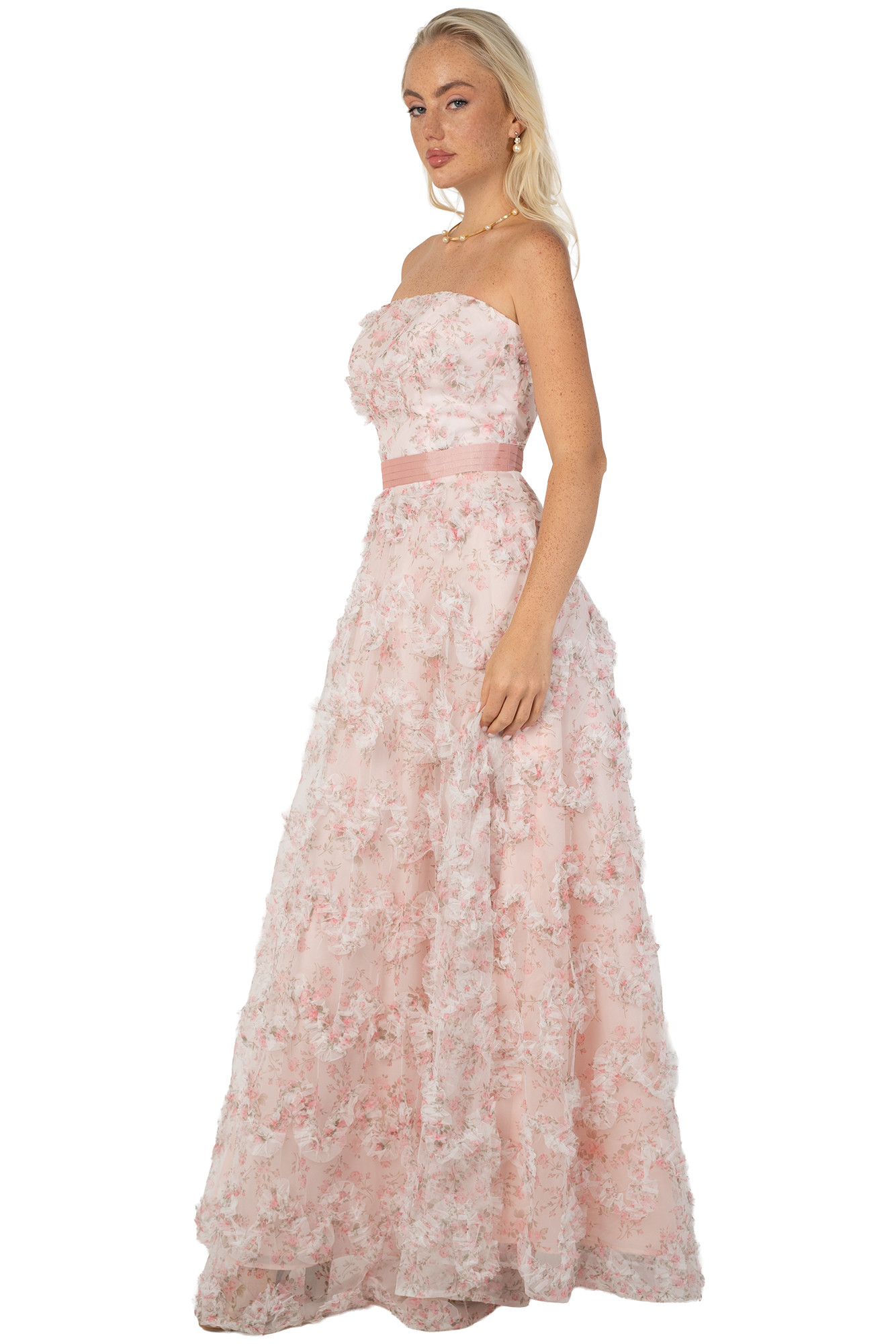 Vestido de Fiesta Largo Rosa en Tull Estampado Floral Strapless - Image 3