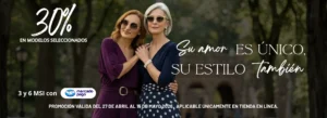 Banner publicitario de moda con dos mujeres posando; texto: '30% en modelos seleccionados' y mensaje promocional.