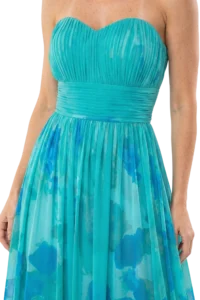 Close-up of a turquoise strapless pleated dress cinched at the waist, shown from shoulders to hips.