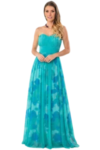 Model in a turquoise strapless, floor-length gown with a pleated bodice and wide waistband against a black background.