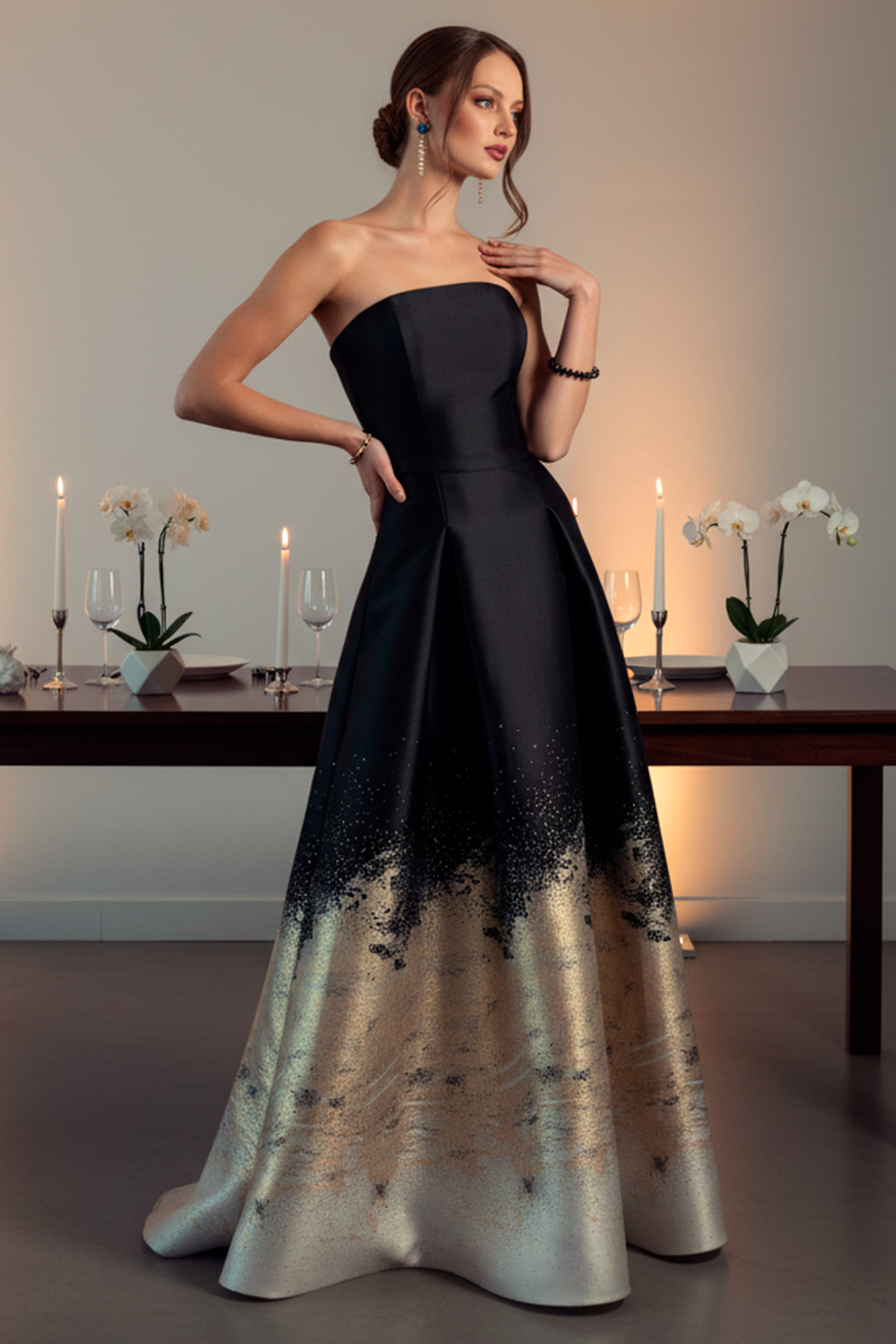 Vestido de Gala Jacquard con Escote Corazón y Falda Línea A