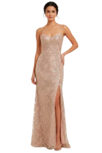 Woman in a blush pink lace evening gown with thin straps and a thigh-high slit.