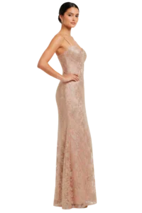 Blush pink lace evening gown worn by a woman standing in profile with one hand on her hip, posed for a fashion shot.