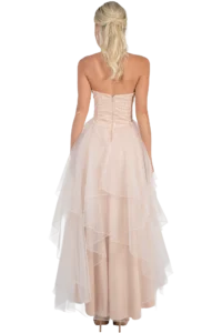 Back view of a woman in a light pink strapless ball gown with a lace bodice and layered tulle skirt, hair in a partial updo.