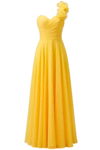 Yellow one-shoulder evening gown with a ruched bodice and a large floral shoulder embellishment on a black background
