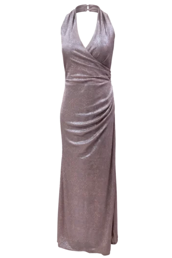 Purple velvet halter-neck evening gown with a draped wrap and glittery texture.