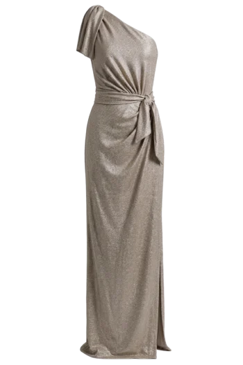 Full-length metallic gold evening gown with a one-shoulder drape and tied waist.