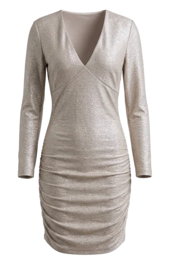 Champagne metallic wrap dress with long sleeves and a deep V-neckline on a dress form