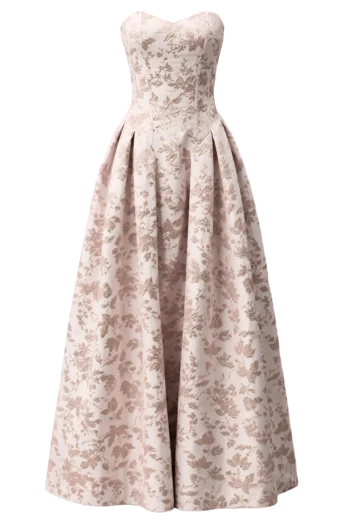 Light pink strapless dress with a floral pattern and full pleated skirt.
