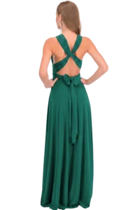 Back view of a woman in a teal-green formal gown with crisscross straps and a bow at the waist
