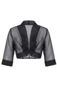 Gray sheer robe with black lapels and a cropped waist, displayed on a neutral background.