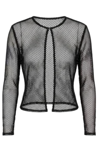 Black fishnet mesh long-sleeve top on a mannequin, with a fitted silhouette and visible stitching along the seams.