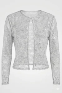 Open-front silver sequin mesh cardigan with long sleeves, displayed on a white background with a small sparkle at the bottom-right corner.