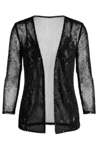 Black sheer mesh cardigan with sequins and long sleeves, displayed on a stand over a light gray top.
