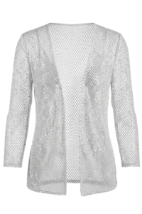 Open-front silver sequined mesh cardigan with long sleeves against a black background (garment-focused image).
