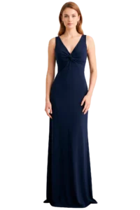 Full-length navy evening gown with a twisted front knot worn by a woman against a black background.