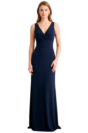 Full-length navy evening gown with a twisted front knot worn by a woman against a black background.