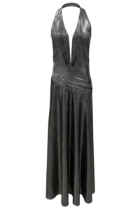 Black velvet evening gown with a halter neckline and wrapped, draped waist, floor-length.