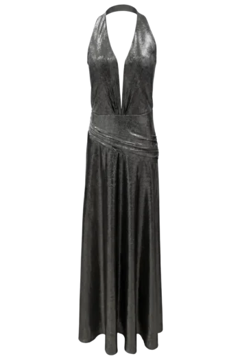 Black velvet evening gown with a halter neckline and wrapped, draped waist, floor-length.
