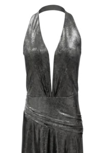 Full-length black metallic gown with a halter neckline, plunging front, and a draped, ruched waist.