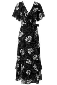 Black wrap dress with white tropical leaf print, V-neck and flutter sleeves, midi length.【informative】