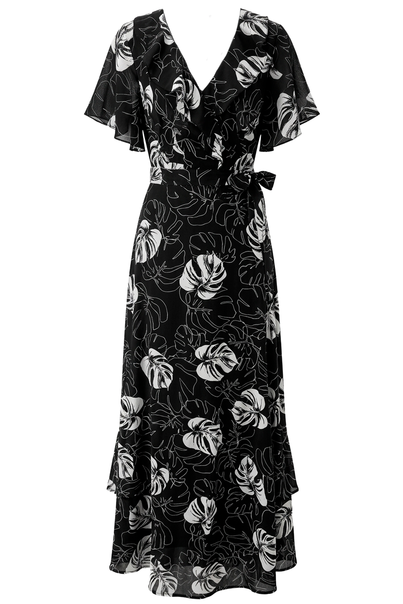Black wrap dress with white tropical leaf print, V-neck and flutter sleeves, midi length.【informative】
