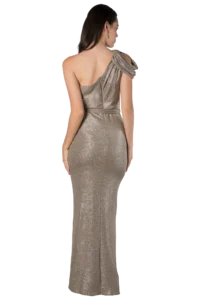 Woman seen from behind wearing a shimmery gold, one-shoulder evening gown with a draped sleeve and long silhouette.