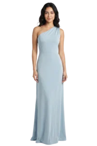 Woman wearing a pale blue one-shoulder evening gown, standing against a black background.