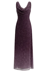 Full-length purple evening gown with a draped cowl neckline and small white specks on a black background.