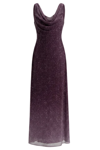 Full-length purple evening gown with a draped cowl neckline and small white specks on a black background.