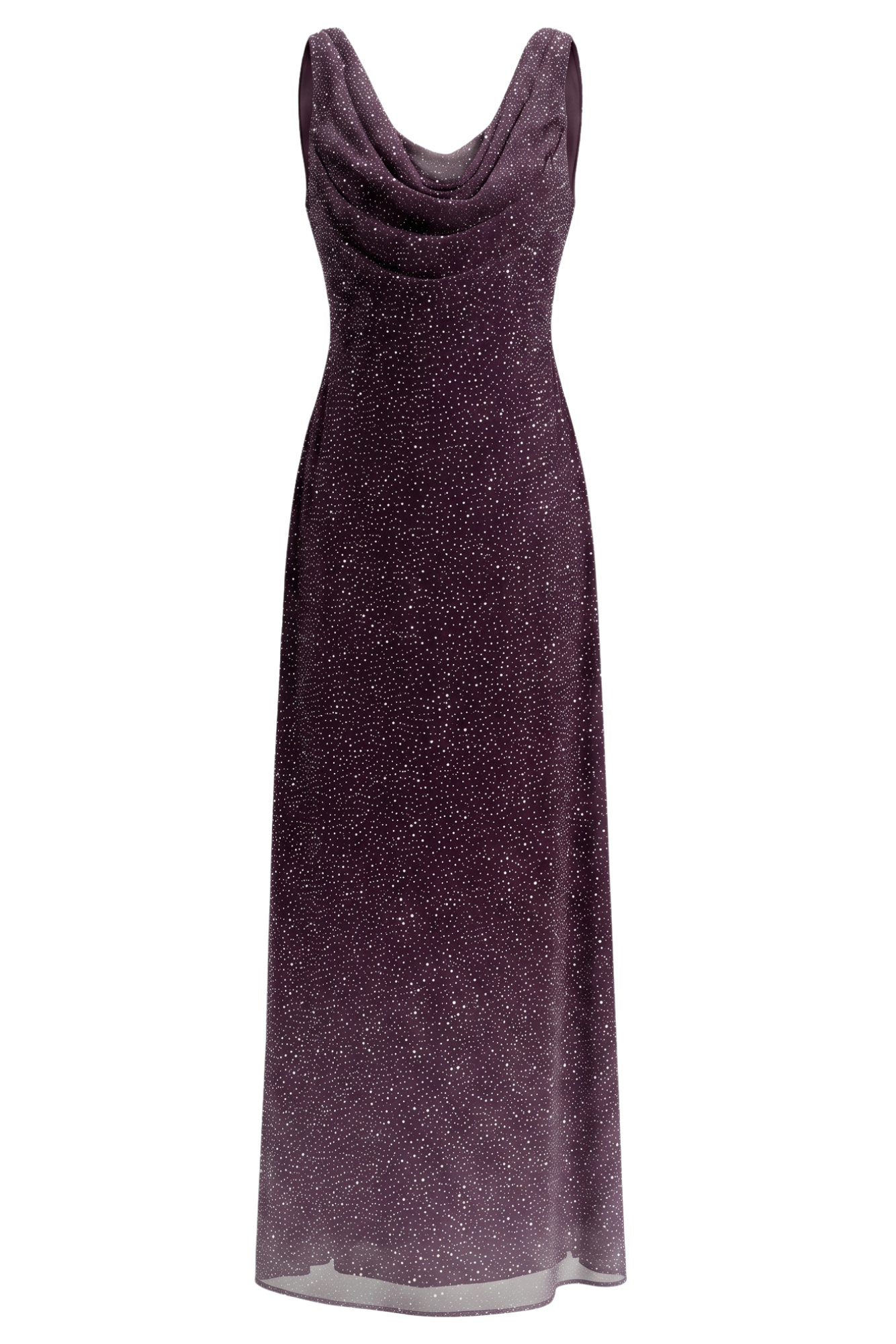 Full-length purple evening gown with a draped cowl neckline and small white specks on a black background.