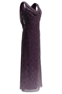 Full-length purple gown covered in small white sparkles, with a draped neckline and sheer overlay at the hem against a black background.
