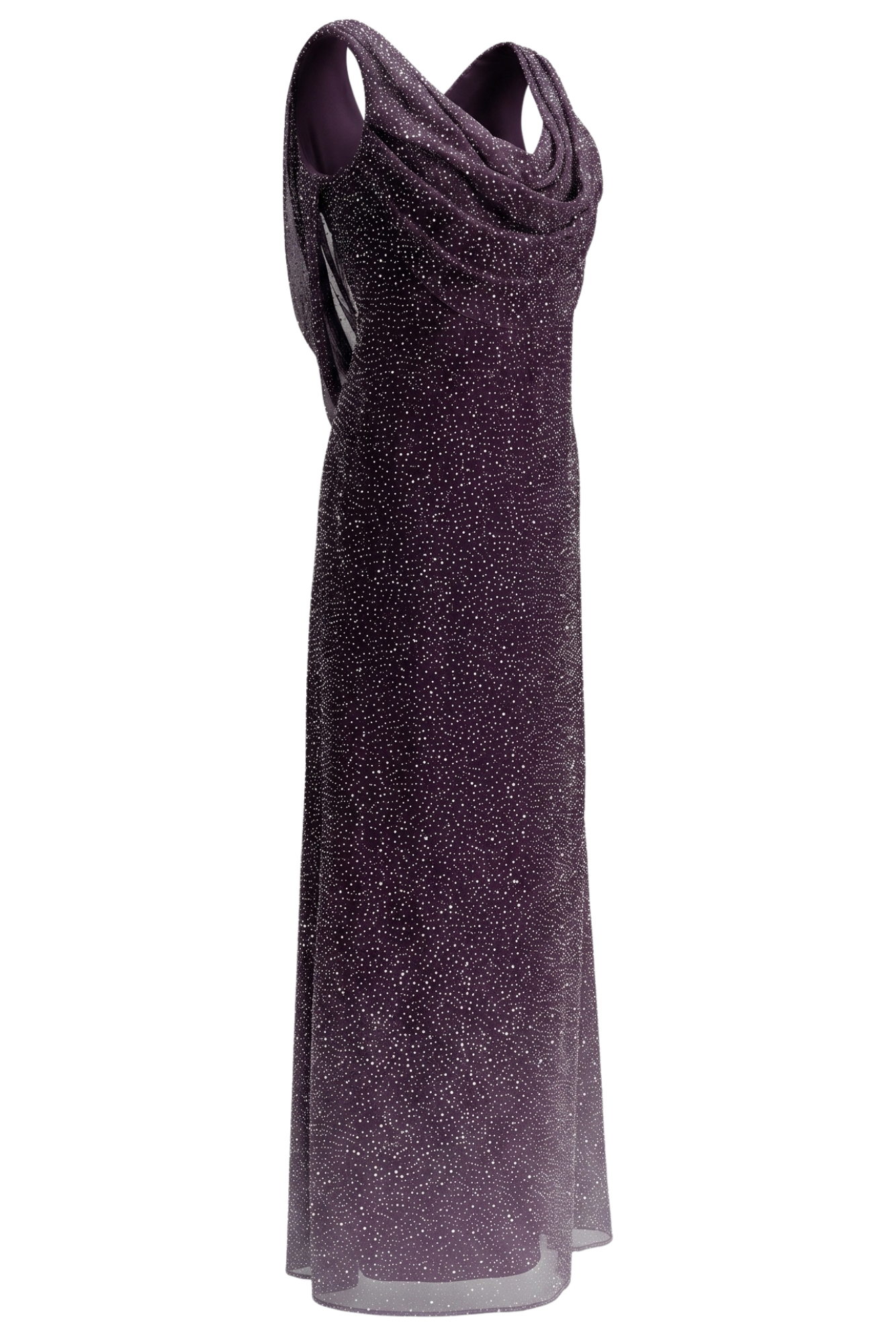 Full-length purple gown covered in small white sparkles, with a draped neckline and sheer overlay at the hem against a black background.