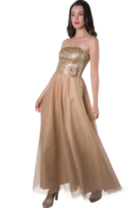 Woman in a strapless gold evening gown with a fabric rose belt, standing in a neutral pose.