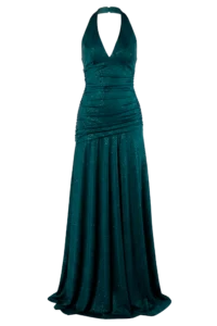 Teal halter-neck evening gown with sparkling embellishments against a black background, floor-length and ruched at the waist