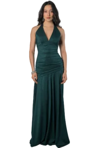Vestido largo halter verde botella con tejido glitter y elastano, drapeado en talle y abertura lateral, modelo Massima colección otoño-invierno, vista frontal