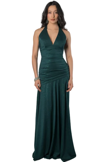 Vestido largo halter verde botella con tejido glitter y elastano, drapeado en talle y abertura lateral, modelo Massima colección otoño-invierno, vista frontal